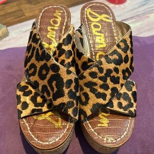 Sam Edelman leopard fur slides cork wedge size 7